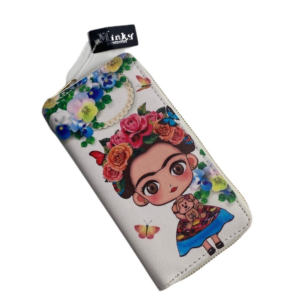 NWT FRIDA KAHLO zip clutch pop CARTOON WALLET rectangular monkey flowers pearls